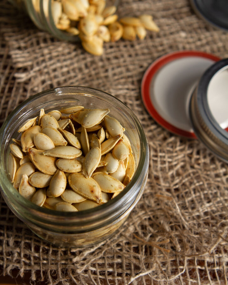 Roasted pumpkin seeds made from locally grown squash — a tasty, sustainable Thanksgiving snack.
